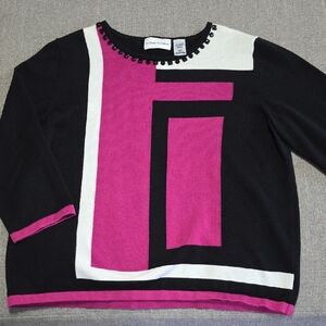 Alfred Dunner Black and Pink Sweater with Geometric Design